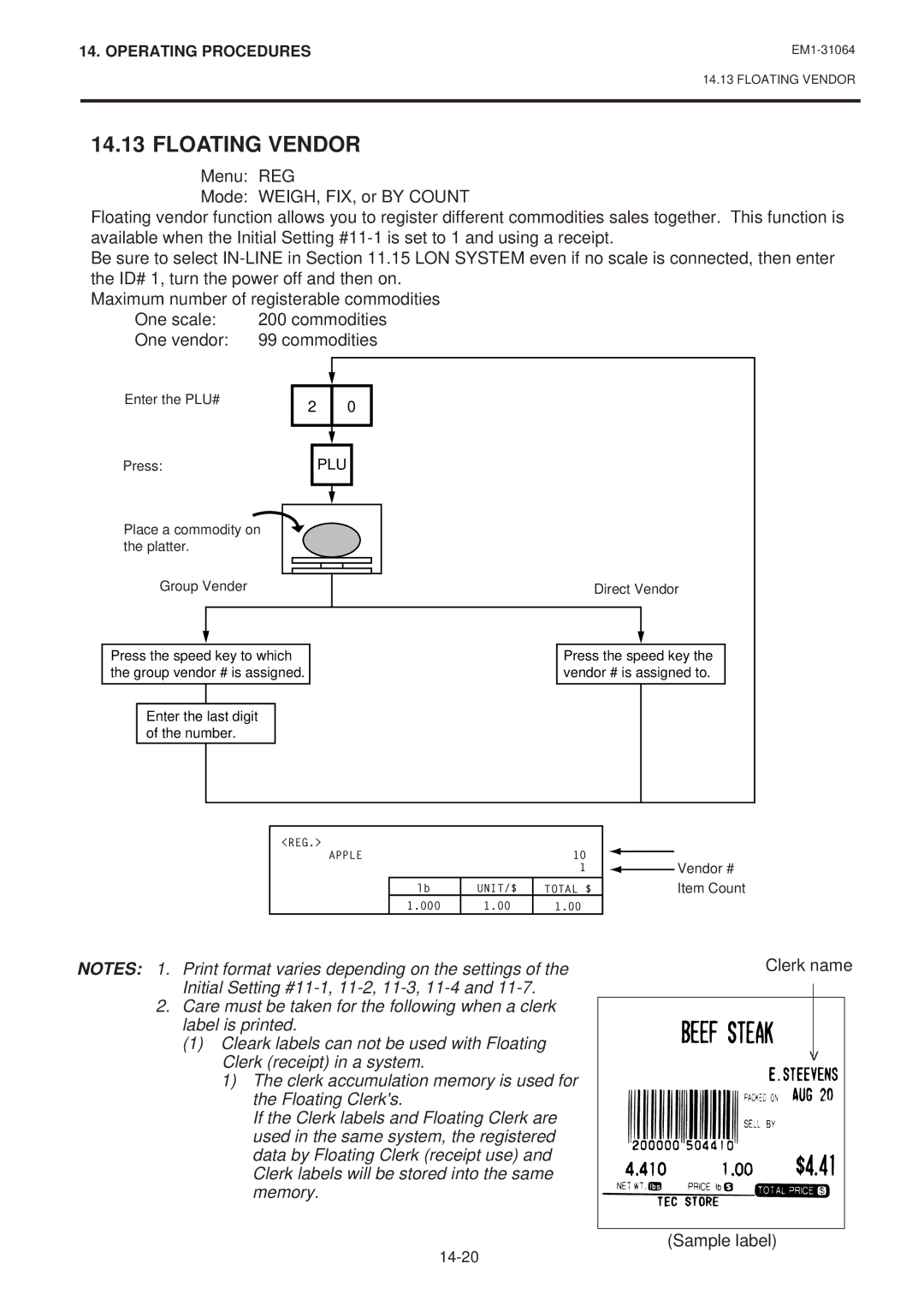 Toshiba SL-9000-FFB, SL-9000N-FFB, EM1-31064JE owner manual Floating Vendor, One vendor Commodities, Clerk name Sample label 