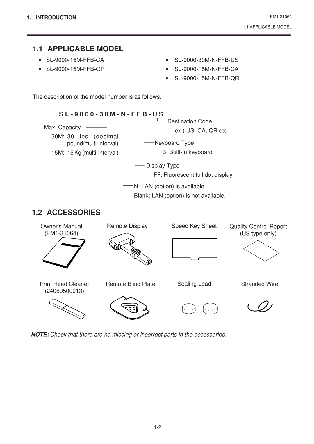 Toshiba SL-9000-FFB, SL-9000N-FFB, EM1-31064JE owner manual Applicable Model, Accessories, 9 0 0 0 3 0 M N F F B U S 