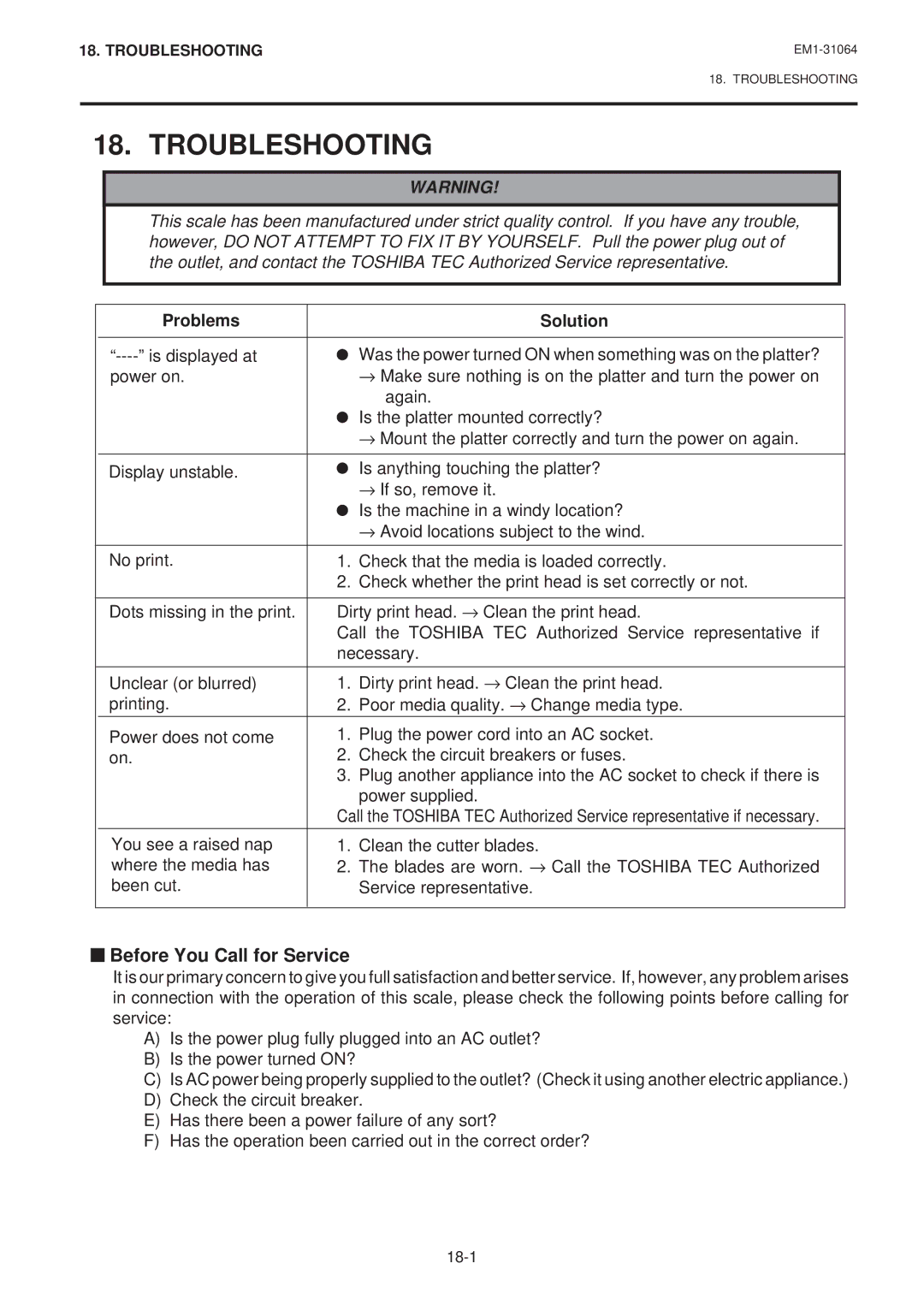 Toshiba EM1-31064JE, SL-9000N-FFB, SL-9000-FFB owner manual Troubleshooting, Before You Call for Service 