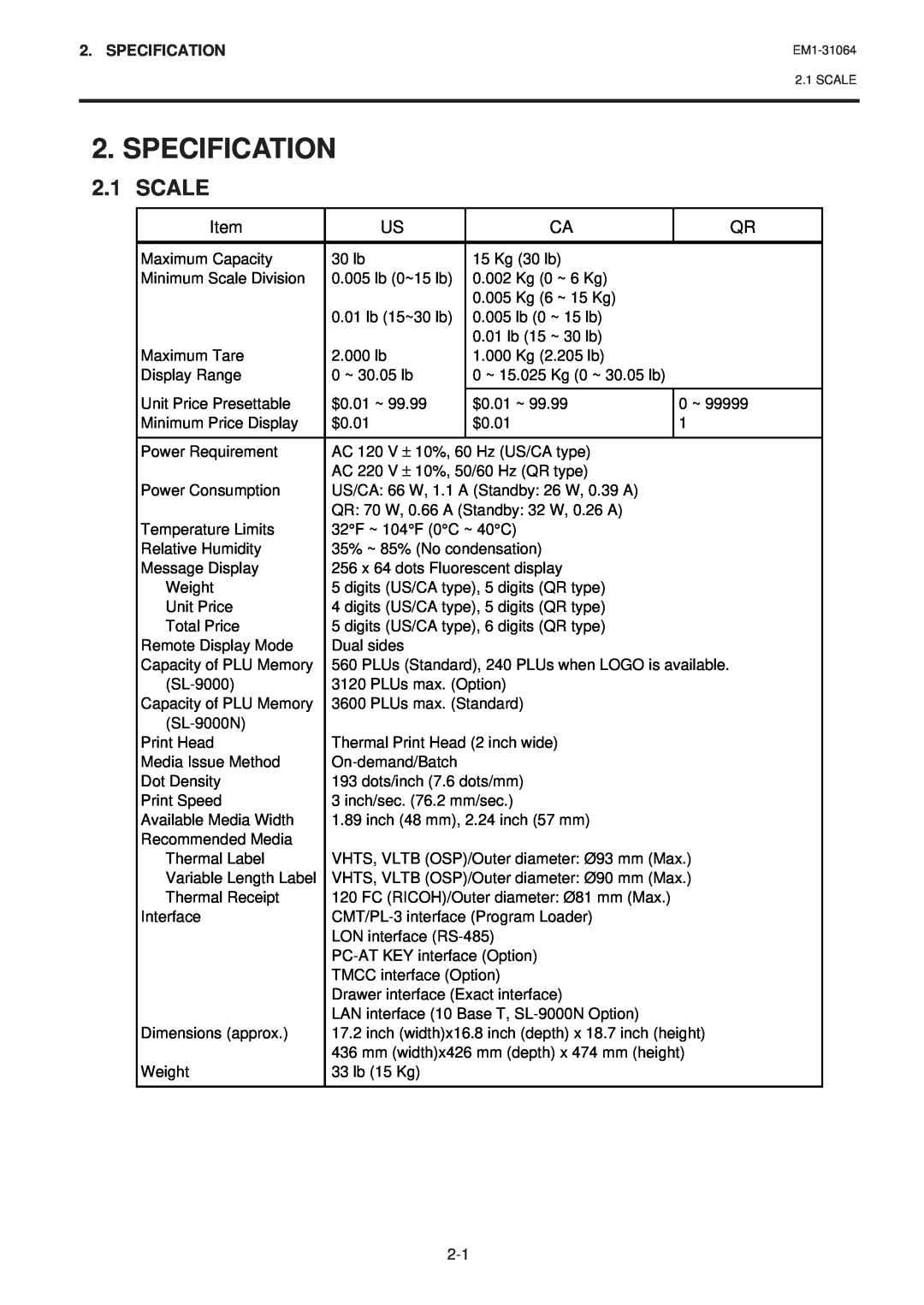 Toshiba EM1-31064JE, SL-9000N-FFB, SL-9000-FFB owner manual Specification, Scale 