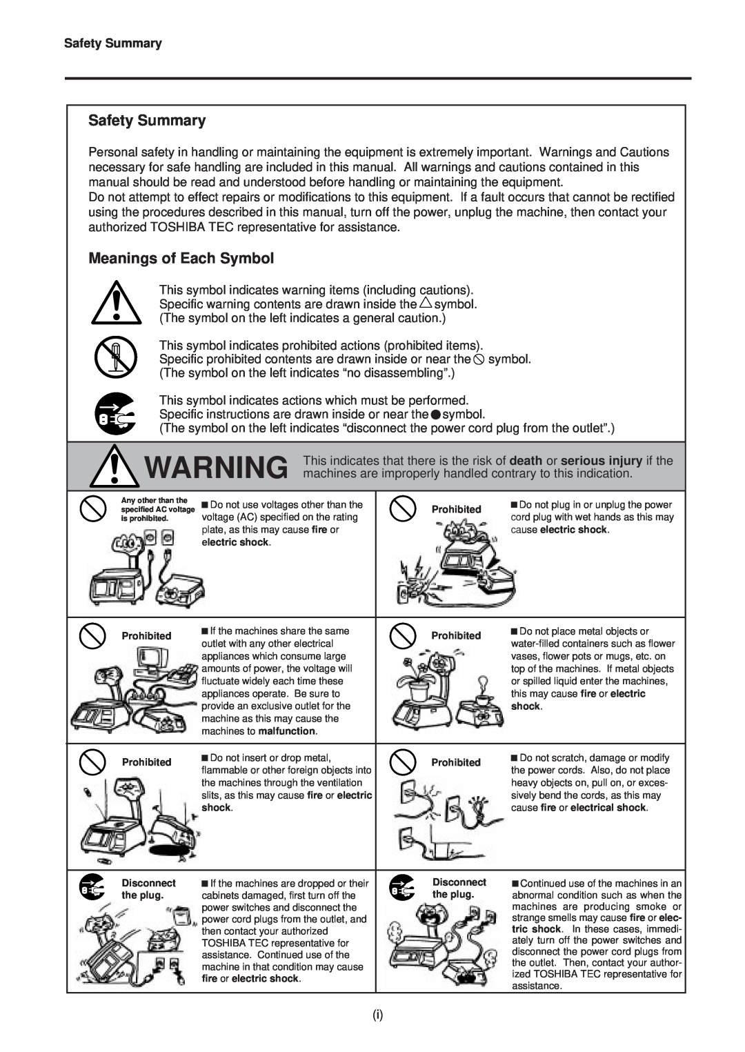 Toshiba SL-9000N-FFB, SL-9000-FFB, EM1-31064JE owner manual Safety Summary, Meanings of Each Symbol 