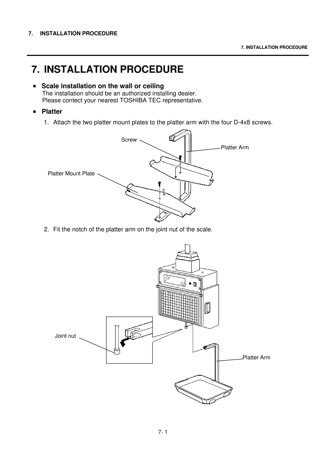 Toshiba SL-9000N-FFH-QR, SL-9000N-FFH-CA Installation Procedure, Scale installation on the wall or ceiling, Platter 