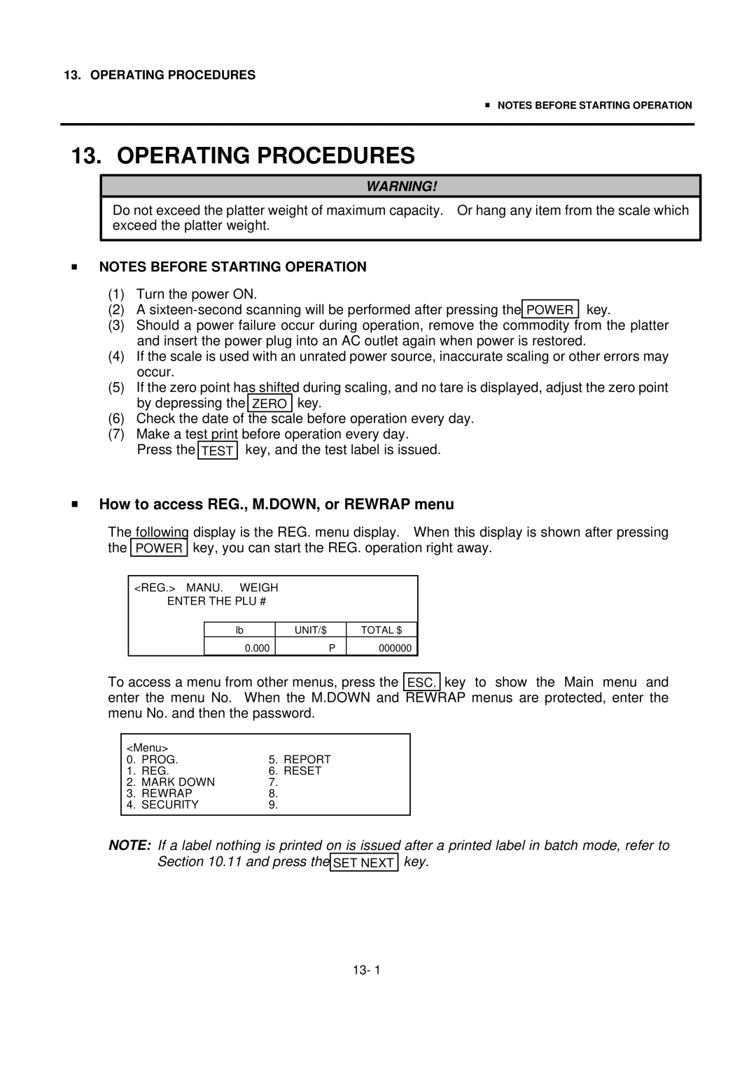 Toshiba SL-9000-FFH-CA, SL-9000N-FFH-CA, EM1-31076 Operating Procedures, How to access REG., M.DOWN, or Rewrap menu, Power 