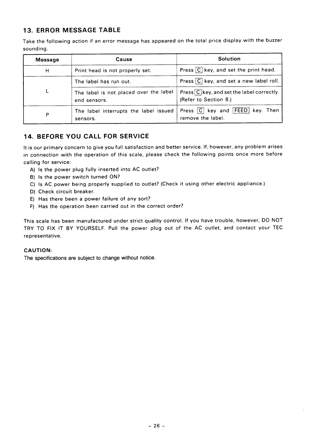 Toshiba SL57 SERIES owner manual Error Message, For Service, Breaker, Specifications are subject to change without notice 