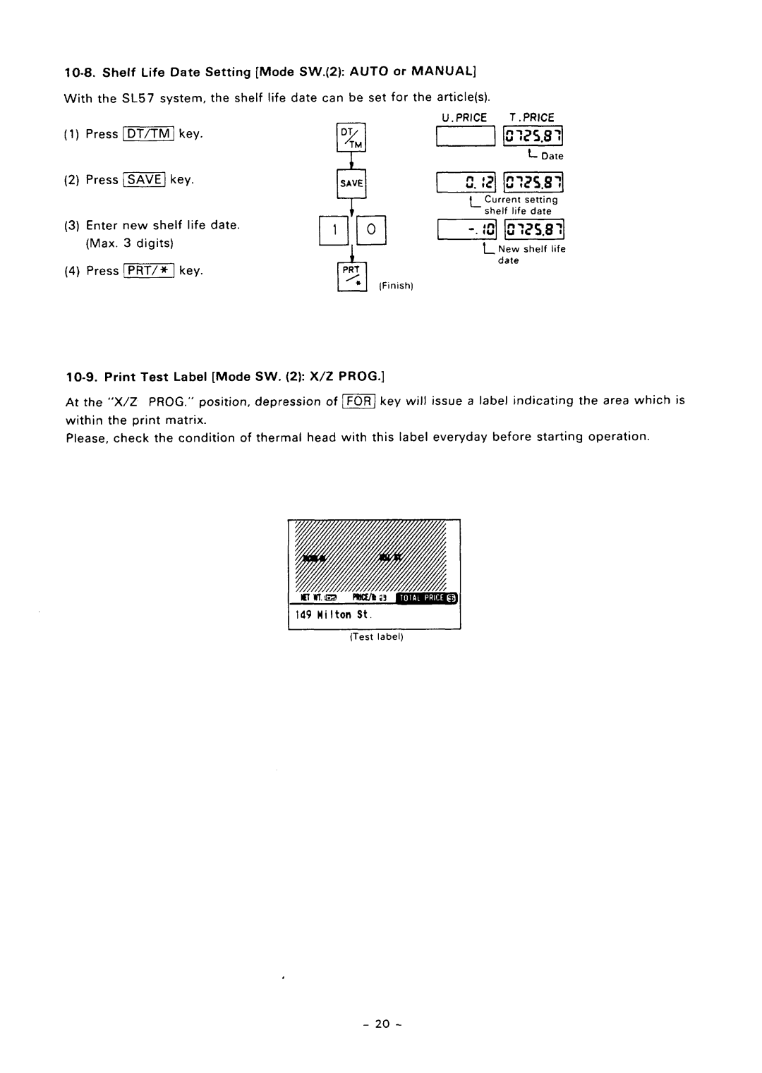 Toshiba SL57 SERIES owner manual Shelf Life Date Setting Mode SW.2 AUTO or MANUAL, 10-9, Print, Test, Prog, shelf 