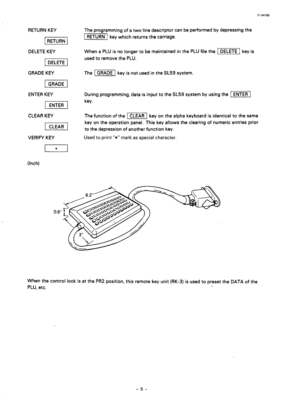 Toshiba SL59 SERIES owner manual Return KEY, Key, Grade KEY, Grade Enter KEY, Clear KEY, Verify KEY 