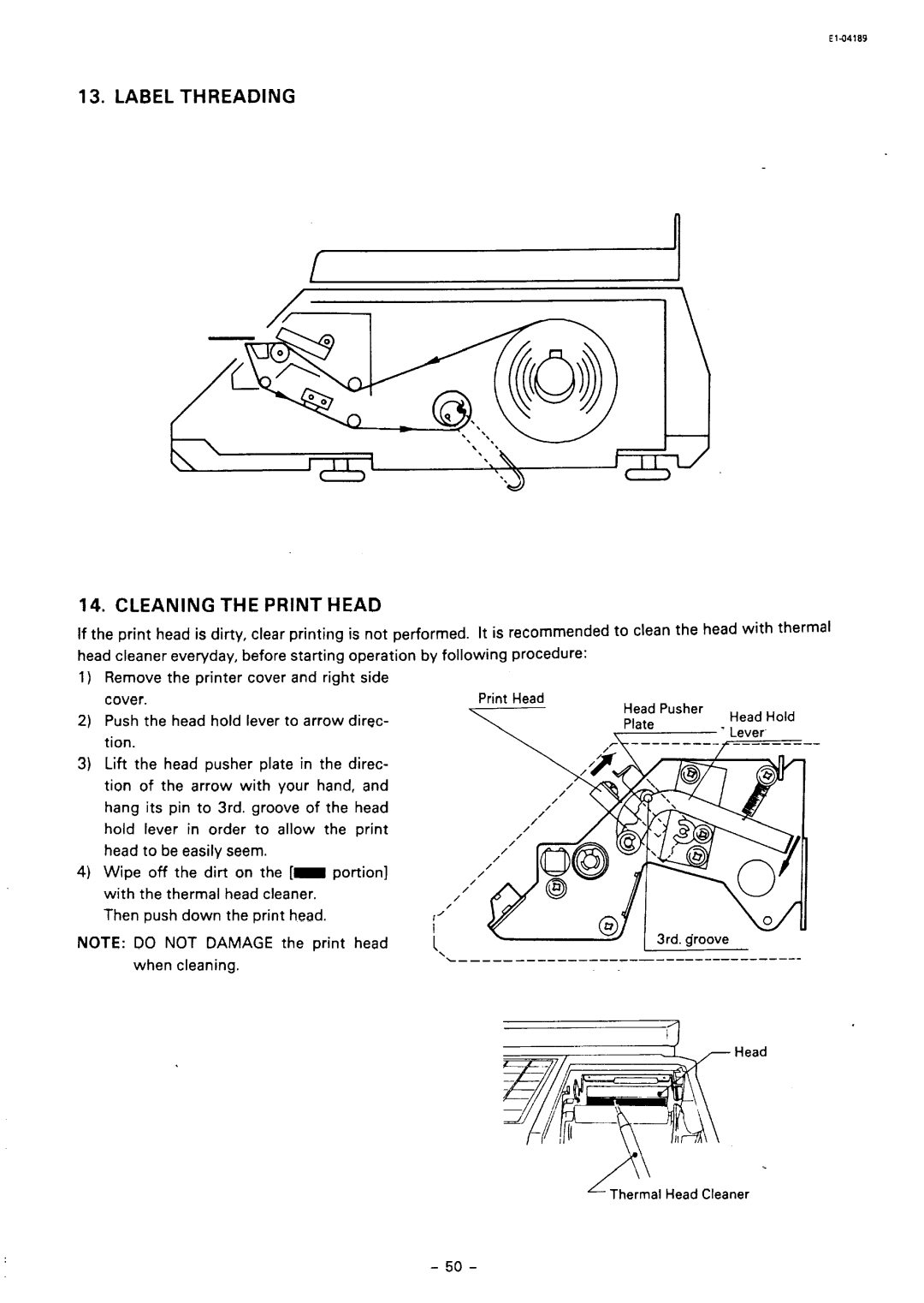 Toshiba SL59 SERIES owner manual Label Threading Cleaning the Print Head 