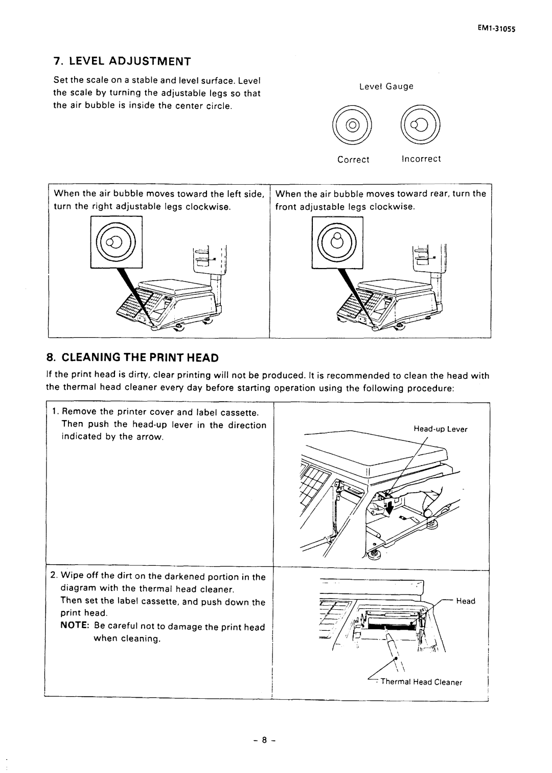 Toshiba EMl-31055, SL66 SERIES manual Level Adjustment, Cleaning the Print Head 