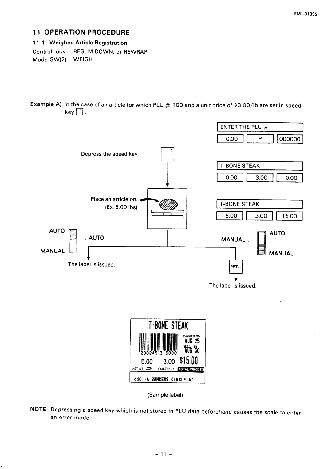 Toshiba SL66 SERIES, EMl-31055 manual Operation Procedure, Enter the PLU #, Bone Steak, Auto Manual 