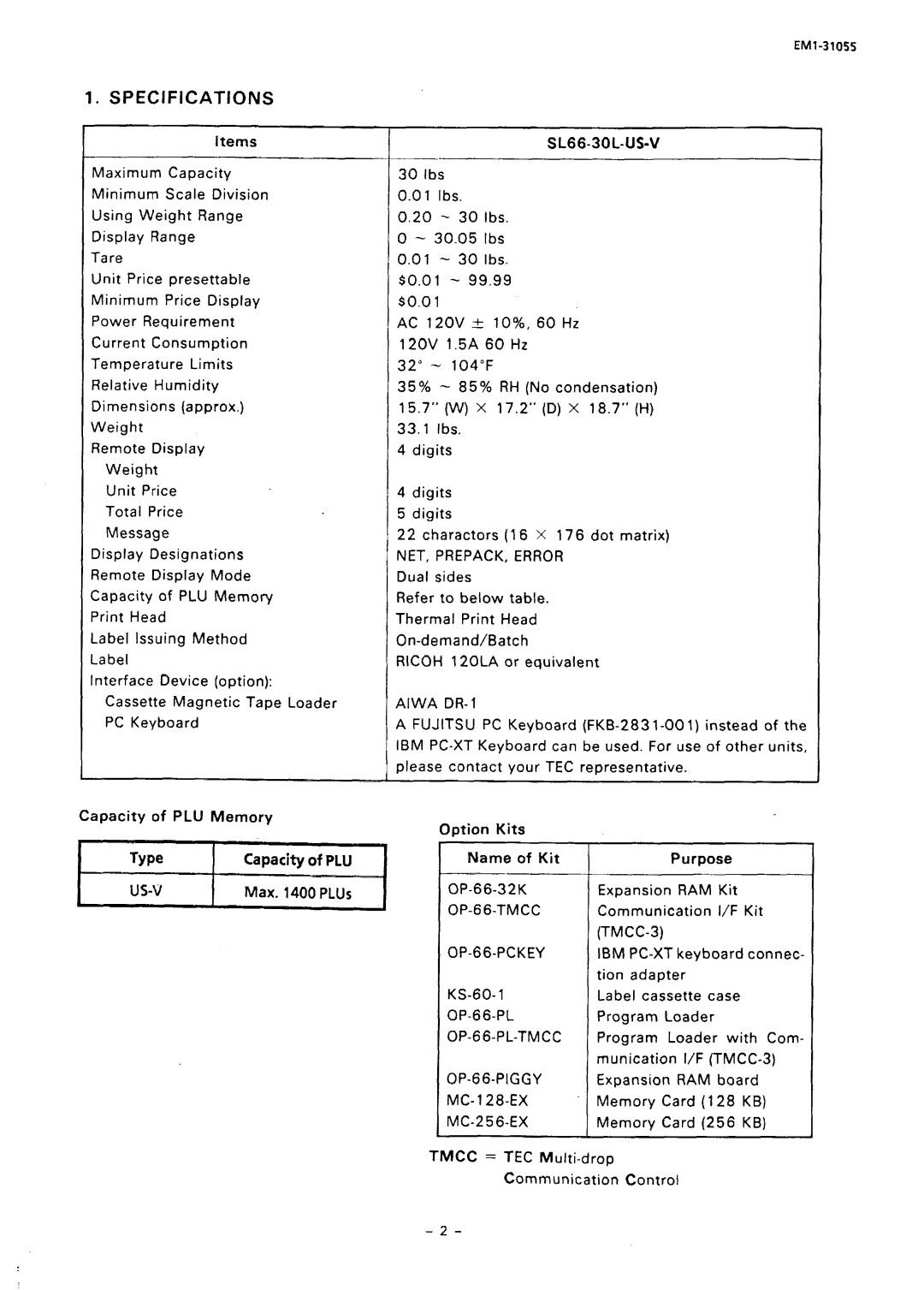 Toshiba EMl-31055, SL66 SERIES manual Specjfications, SL66-3OL-US-V, Aiwa DR-1, OP-66-TMCC OP-66-PCKEY, OP-66-PIGGY 