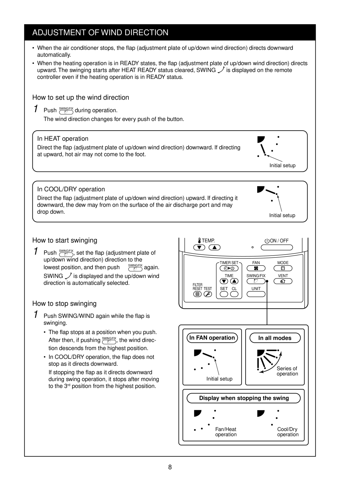 Toshiba RAV-SM562AT-E, SP562AT-E Adjustment of Wind Direction, How to set up the wind direction, How to start swinging 