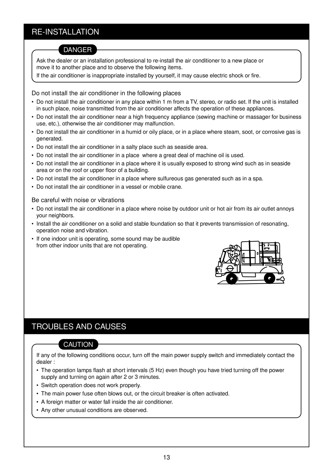 Toshiba SP1402AT-E Re-Installation, Troubles and Causes, Do not install the air conditioner in the following places 