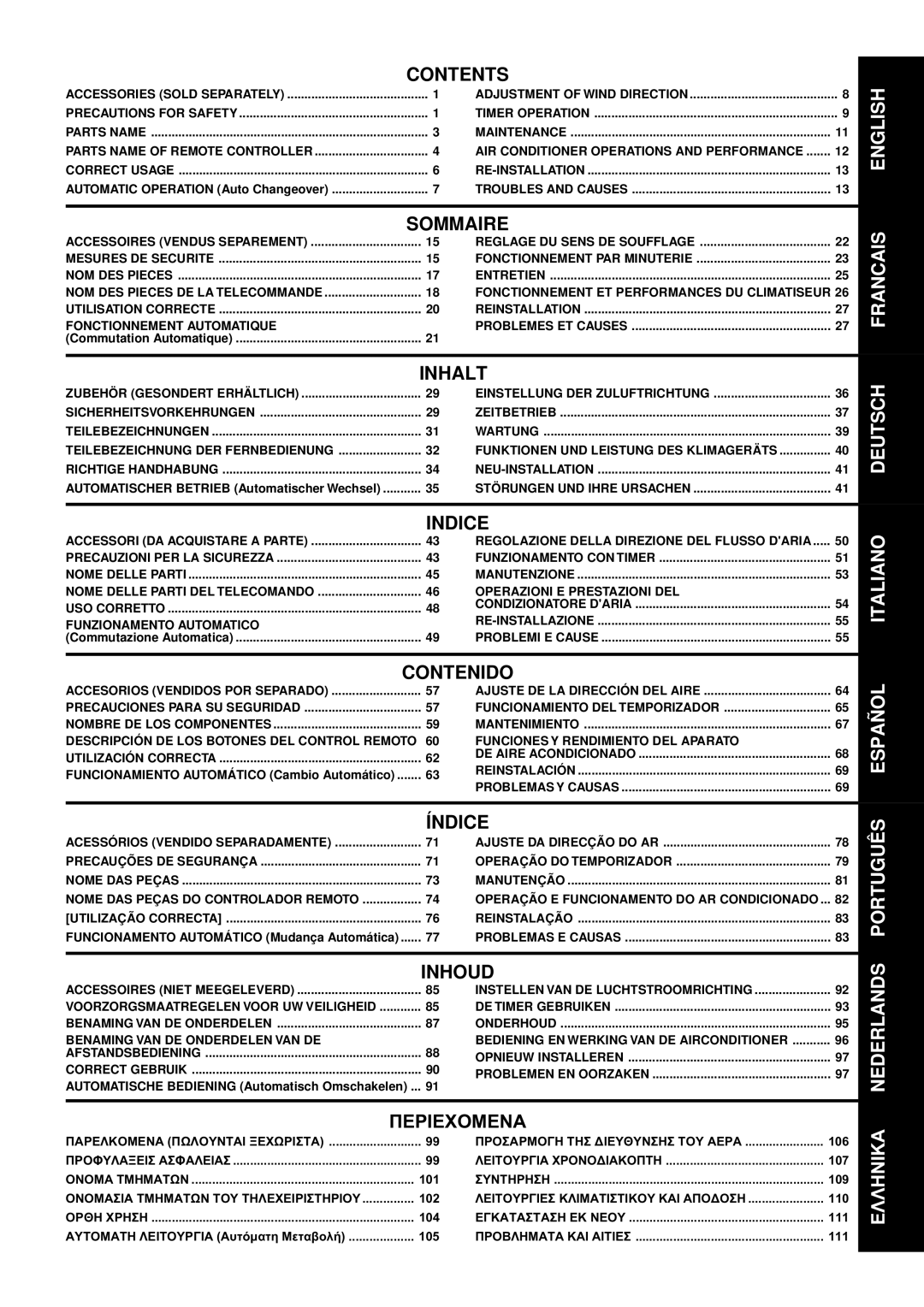 Toshiba RAV-SM1102CT-E, SP562AT-E, SP1102AT-E, SP802AT-E, SP1402AT-E, RAV-SM1102AT-E, RAV-SM1402AT-E, RAV-SM1402CT-E Contents 