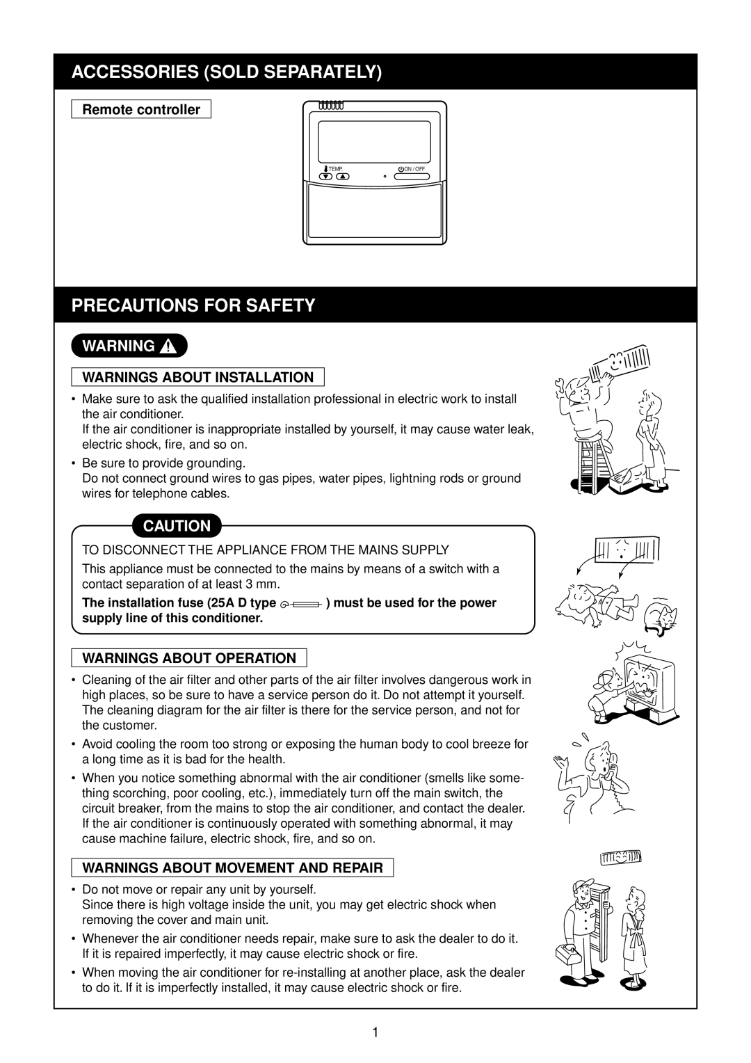 Toshiba SP1402AT-E, SP562AT-E, SP1102AT-E, SP802AT-E Accessories Sold Separately, Precautions for Safety, Remote controller 