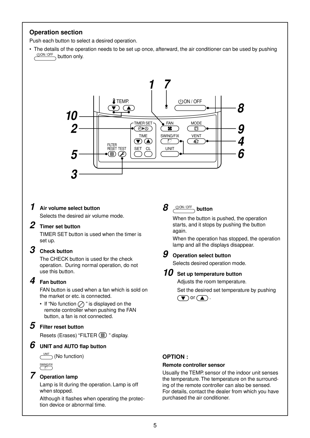 Toshiba RAV-SM802CT-E, SP562AT-E, SP1102AT-E, SP802AT-E, RAV-SM1102CT-E, SP1402AT-E, RAV-SM1102AT-E Operation section 