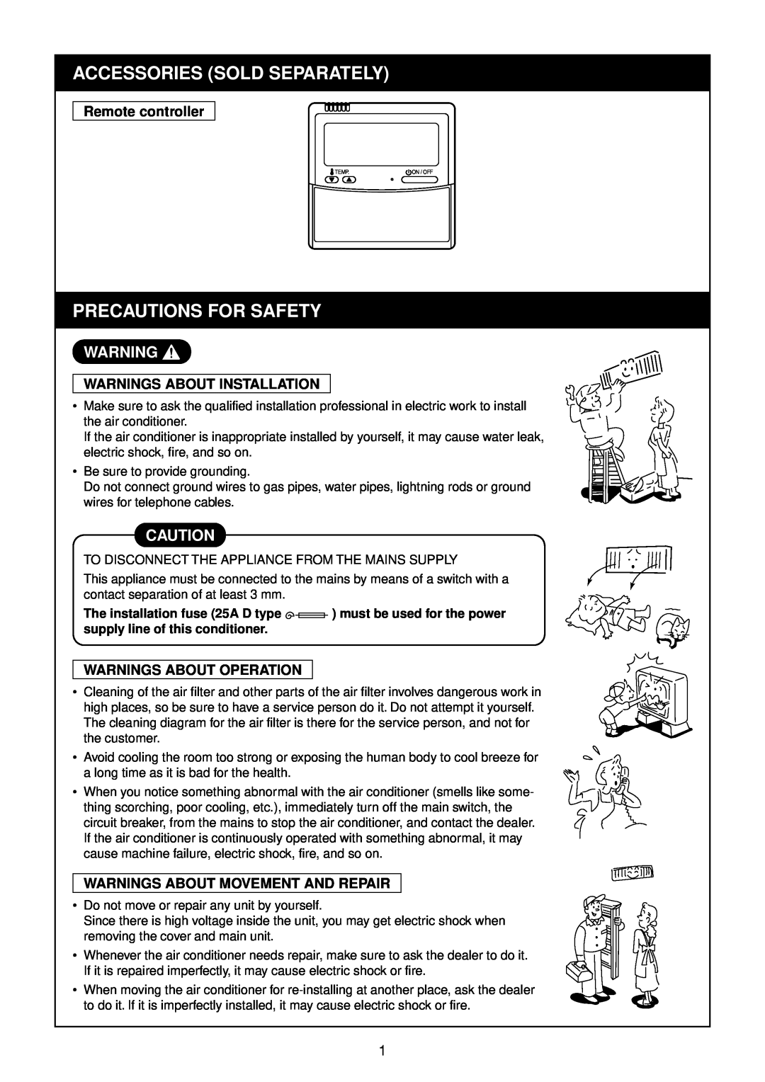 Toshiba SP1402AT-E Accessories Sold Separately, Precautions For Safety, Remote controller, Warnings About Installation 