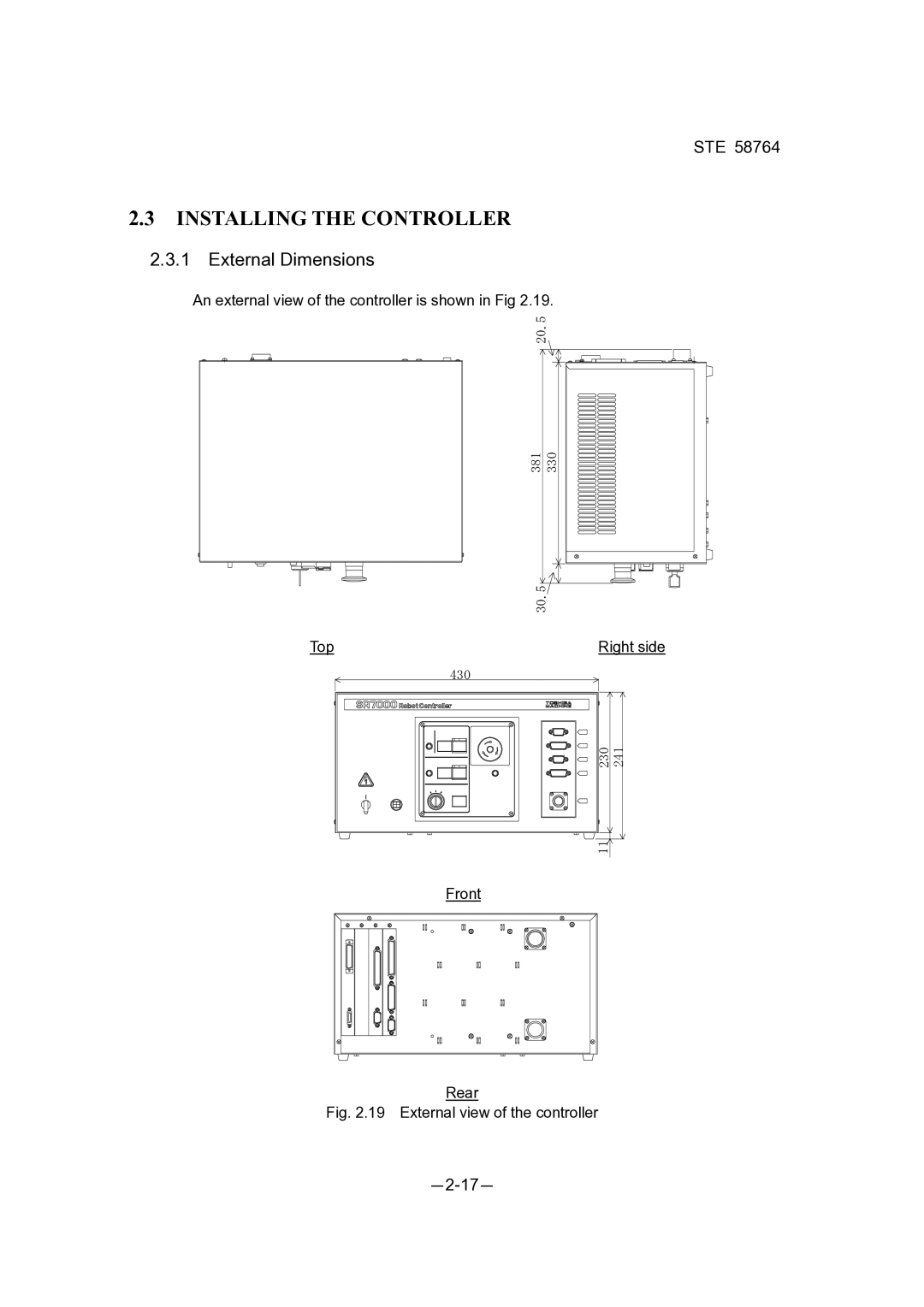 Toshiba SR-554HSP, SR-854HSP, SR-654HSP, SR-1054HSP dimensions Installing the Controller 