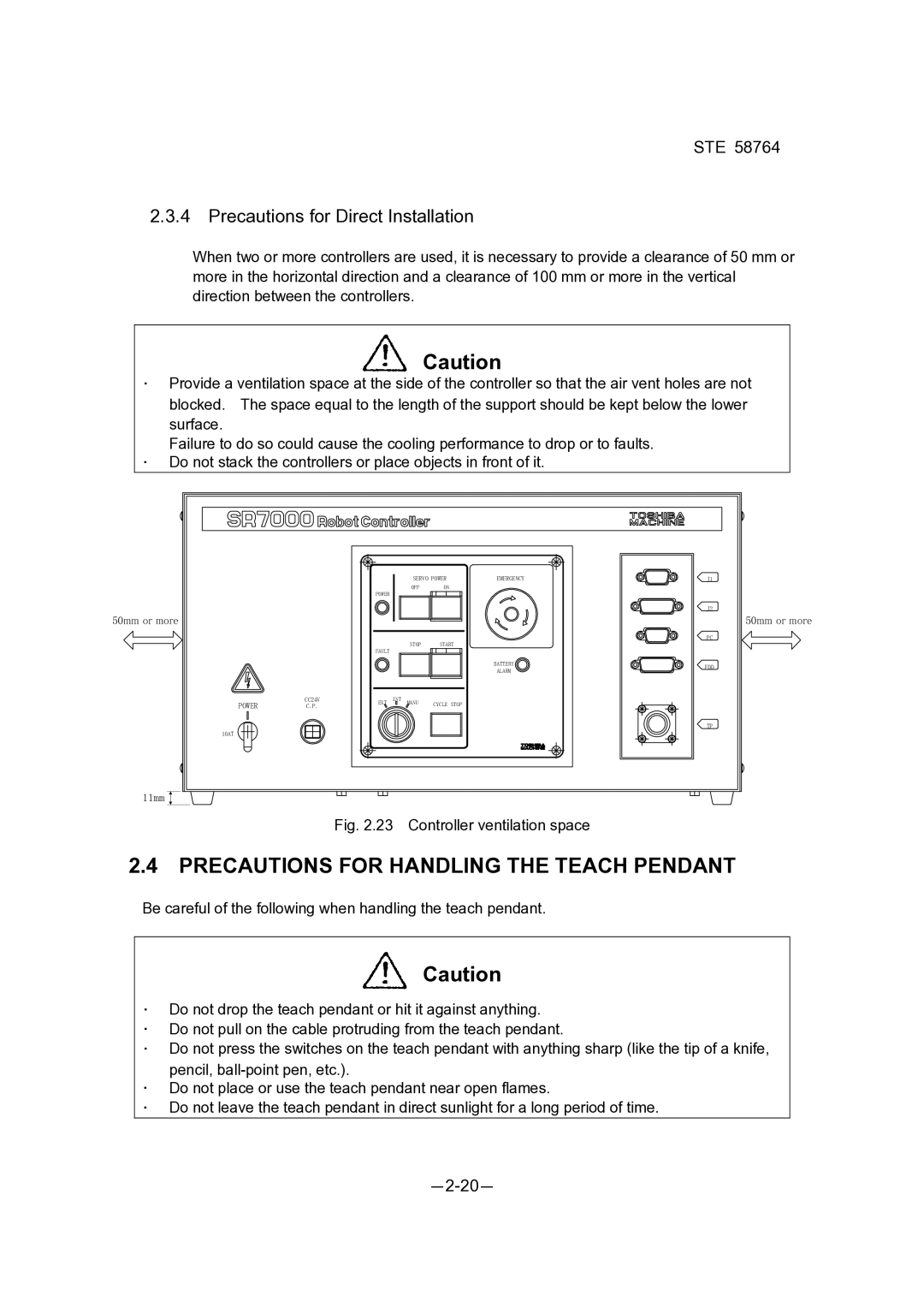 Toshiba SR-854HSP, SR-554HSP, SR-654HSP Precautions for Handling the Teach Pendant, Precautions for Direct Installation 