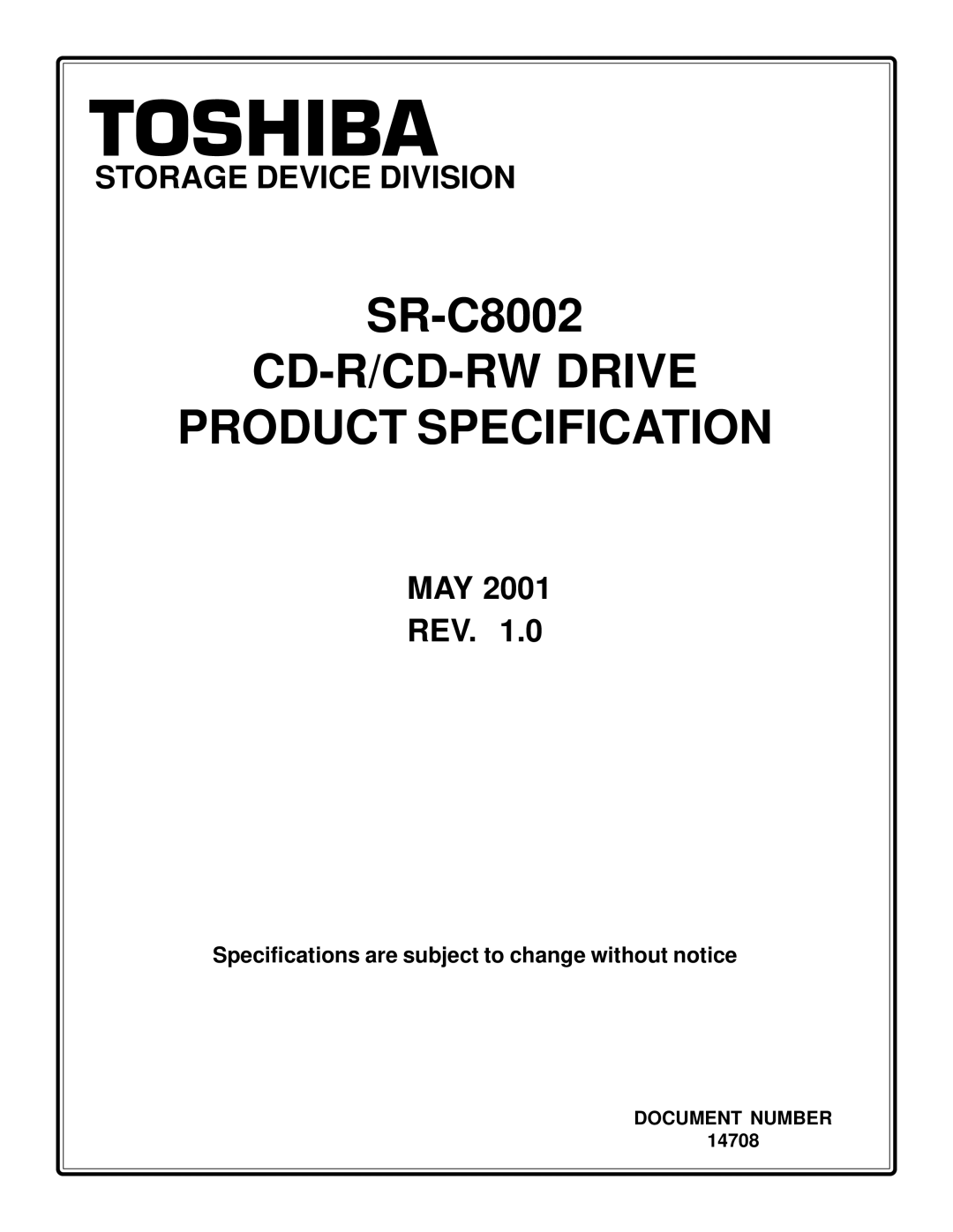 Toshiba SR-C8002 specifications Toshiba 