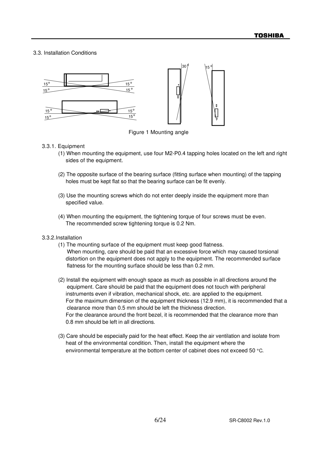 Toshiba SR-C8002 specifications Installation Conditions 