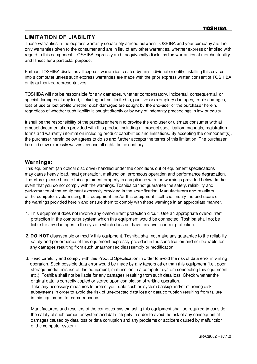 Toshiba SR-C8002 specifications Limitation of Liability 