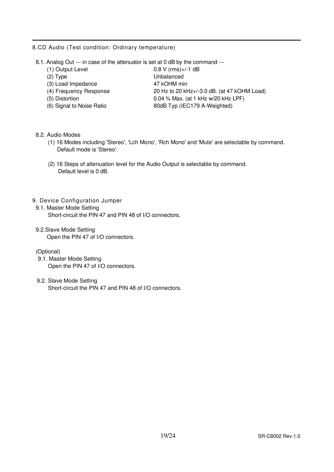 Toshiba SR-C8002 specifications 19/24, CD Audio Test condition Ordinary temperature, Device Configuration Jumper 