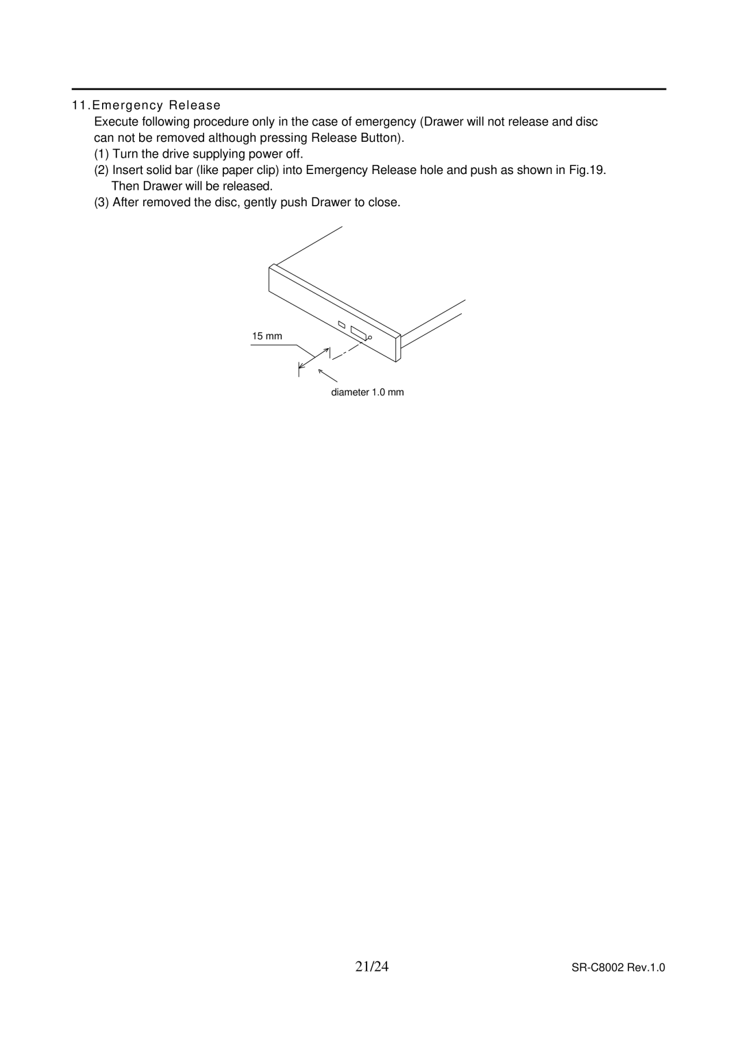 Toshiba SR-C8002 specifications 21/24, Emergency Release, Safety Standards/Agency Approvals Tentative 