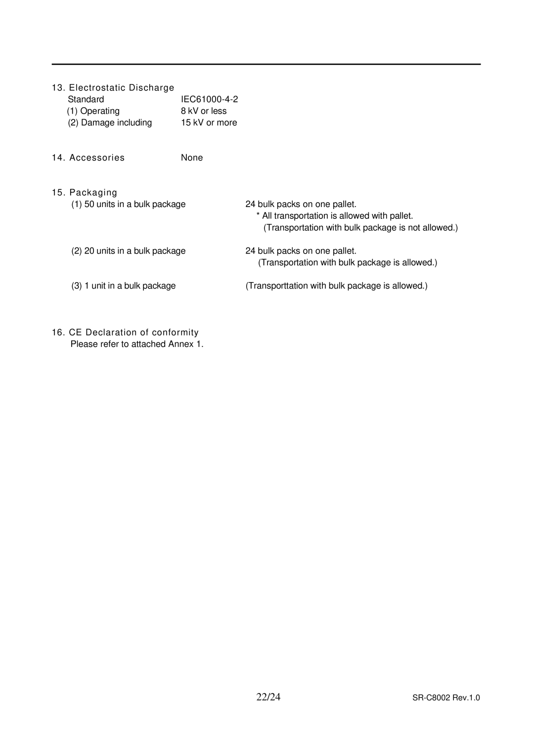 Toshiba SR-C8002 specifications 22/24, Electrostatic Discharge, Accessories, Packaging 