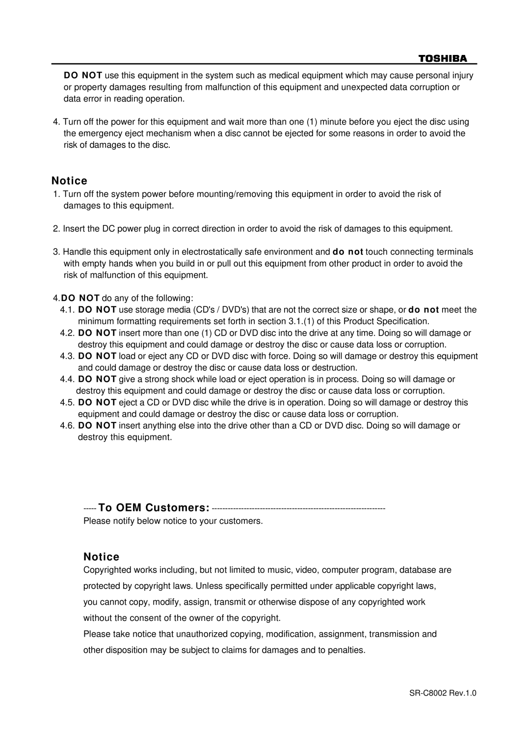 Toshiba specifications SR-C8002 Rev.1.0 