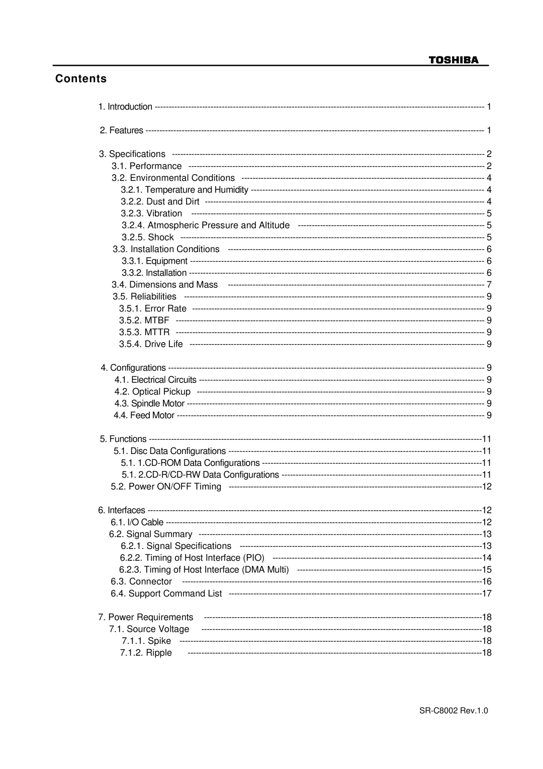 Toshiba SR-C8002 specifications Contents 