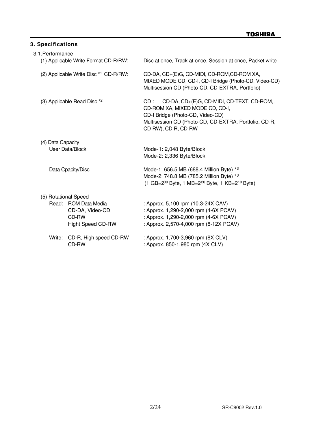 Toshiba SR-C8002 specifications Specifications, Cd-Da, Cd+Eg, Cd-Midi, Cd-Rom,Cd-Rom Xa 