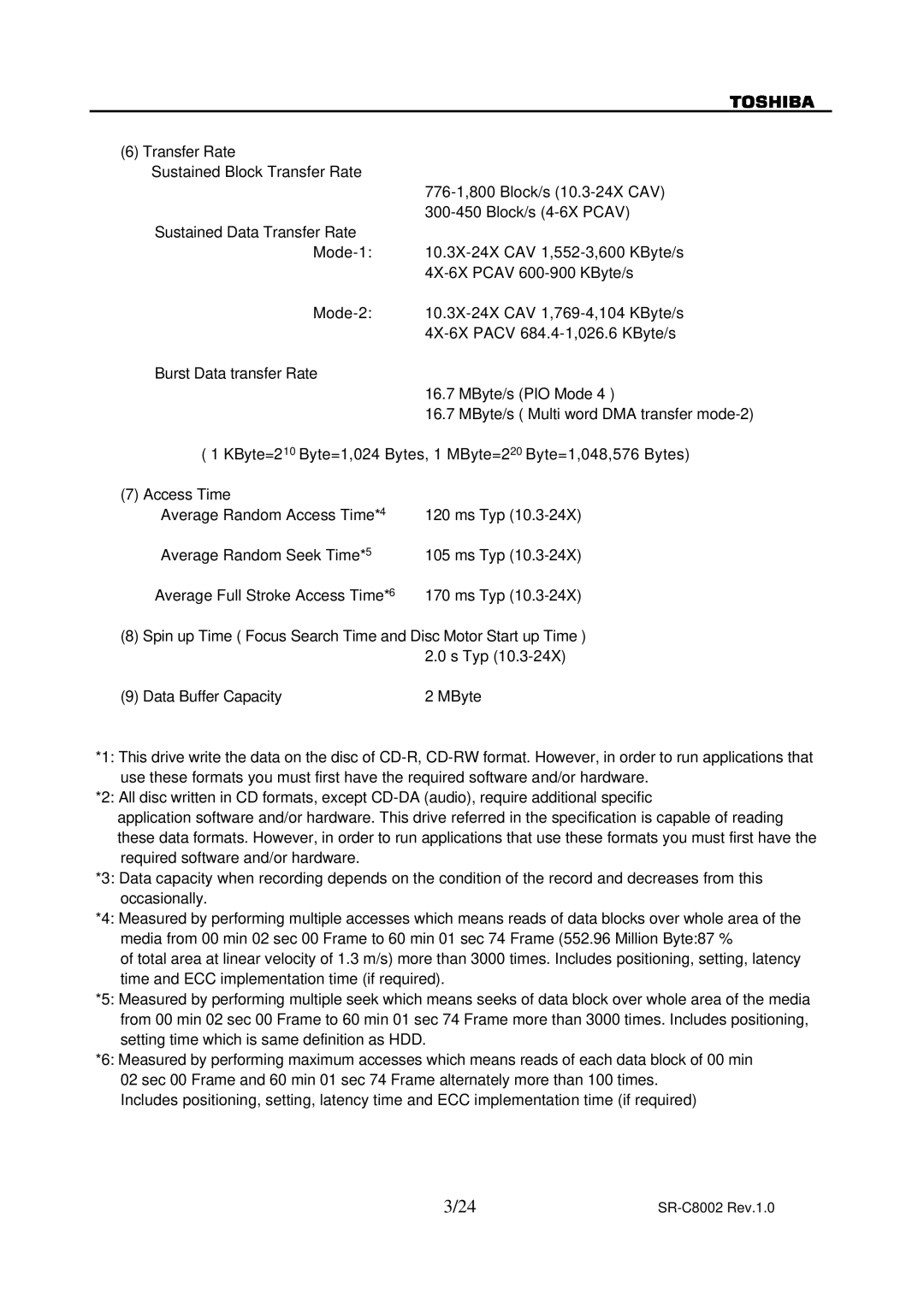 Toshiba specifications SR-C8002 Rev.1.0 