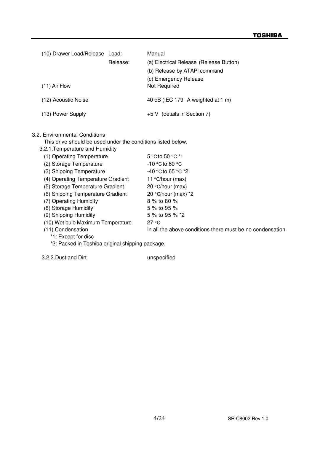 Toshiba specifications SR-C8002 Rev.1.0 