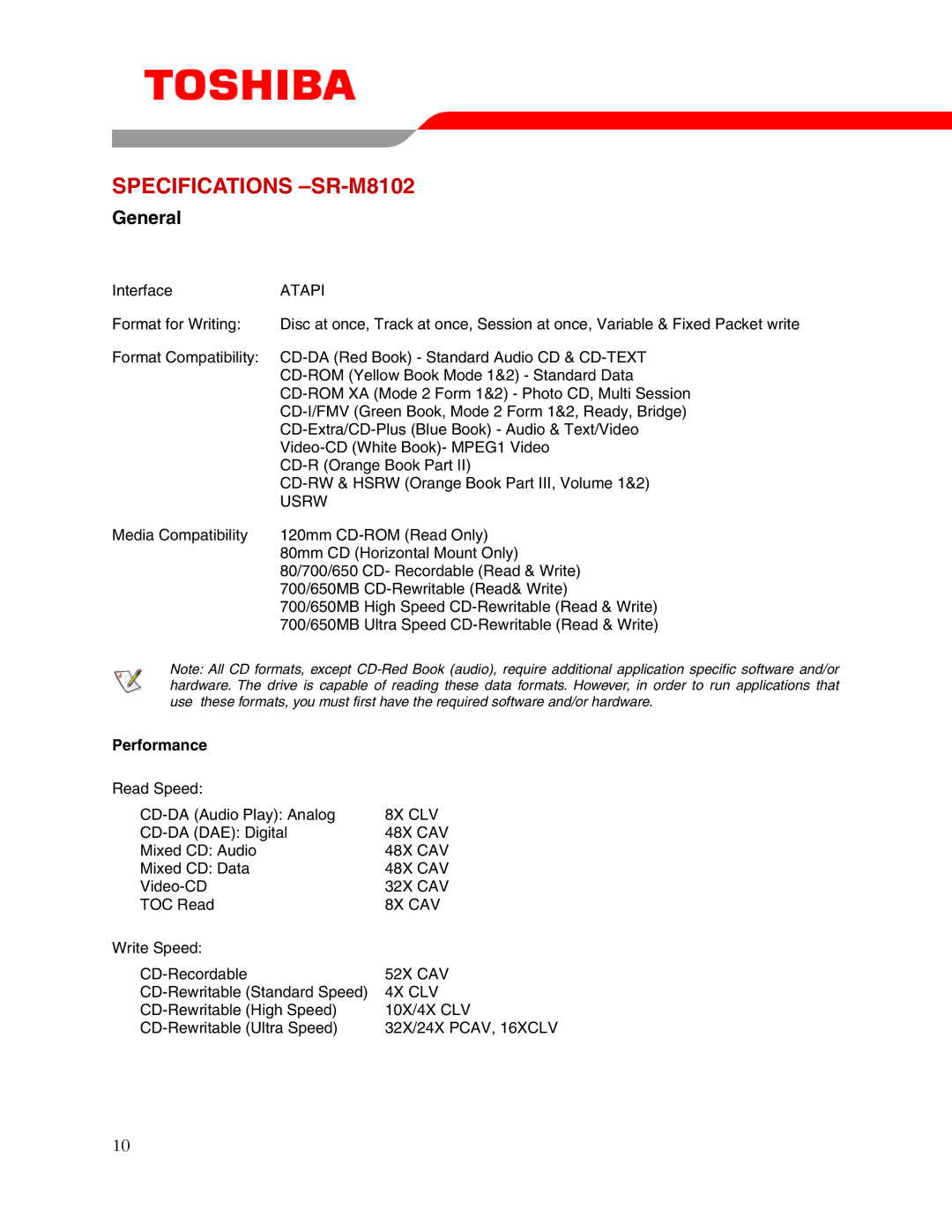 Toshiba user manual Specifications -SR-M8102, Performance 