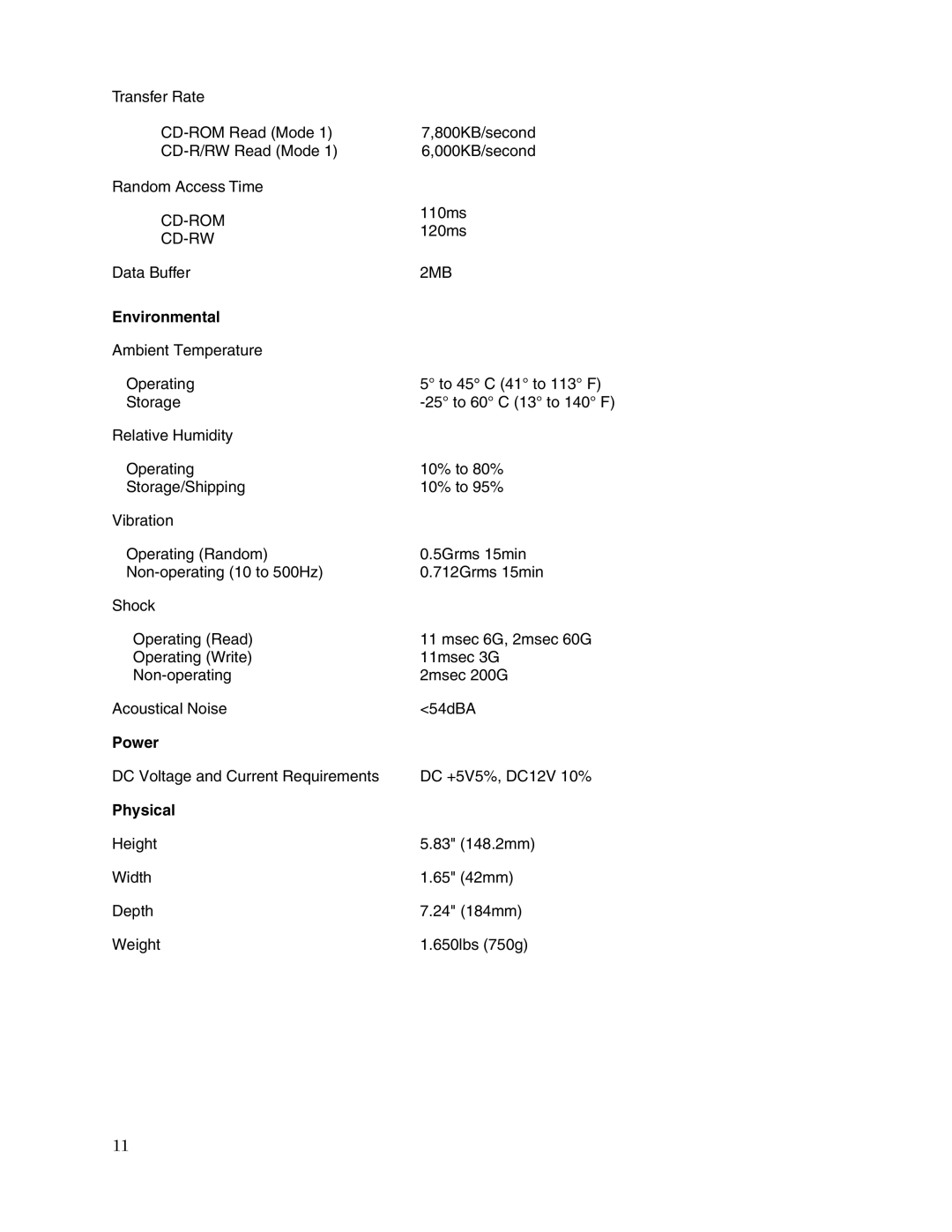 Toshiba SR-M8102 user manual Environmental, Power, Physical 