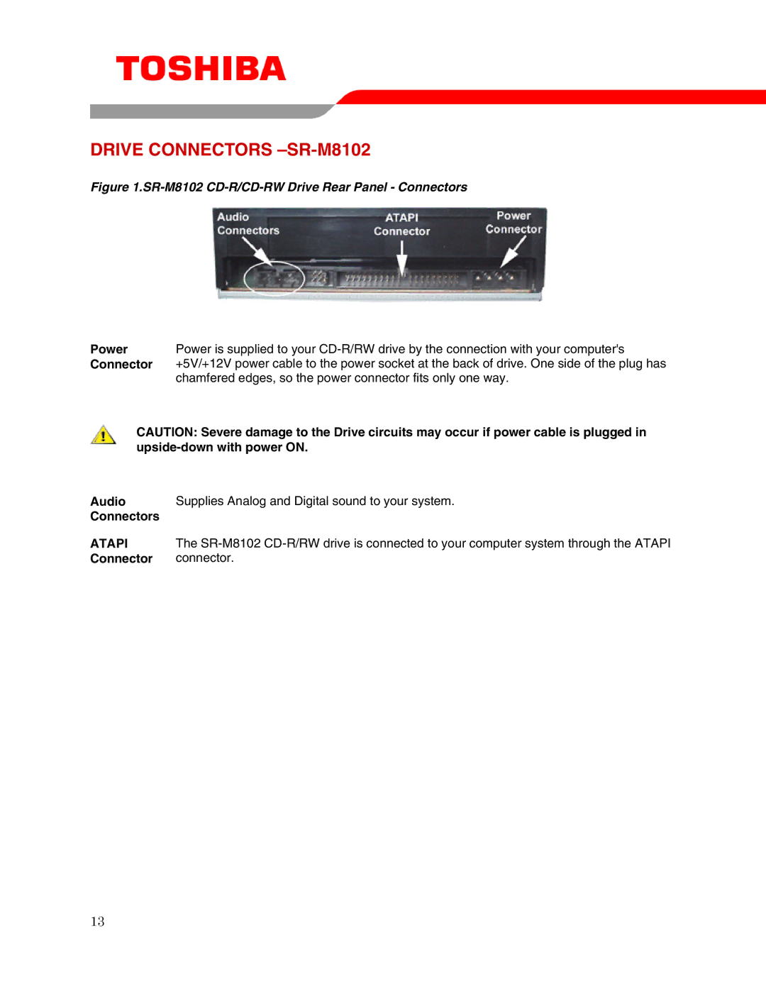 Toshiba user manual Drive Connectors -SR-M8102, Audio 