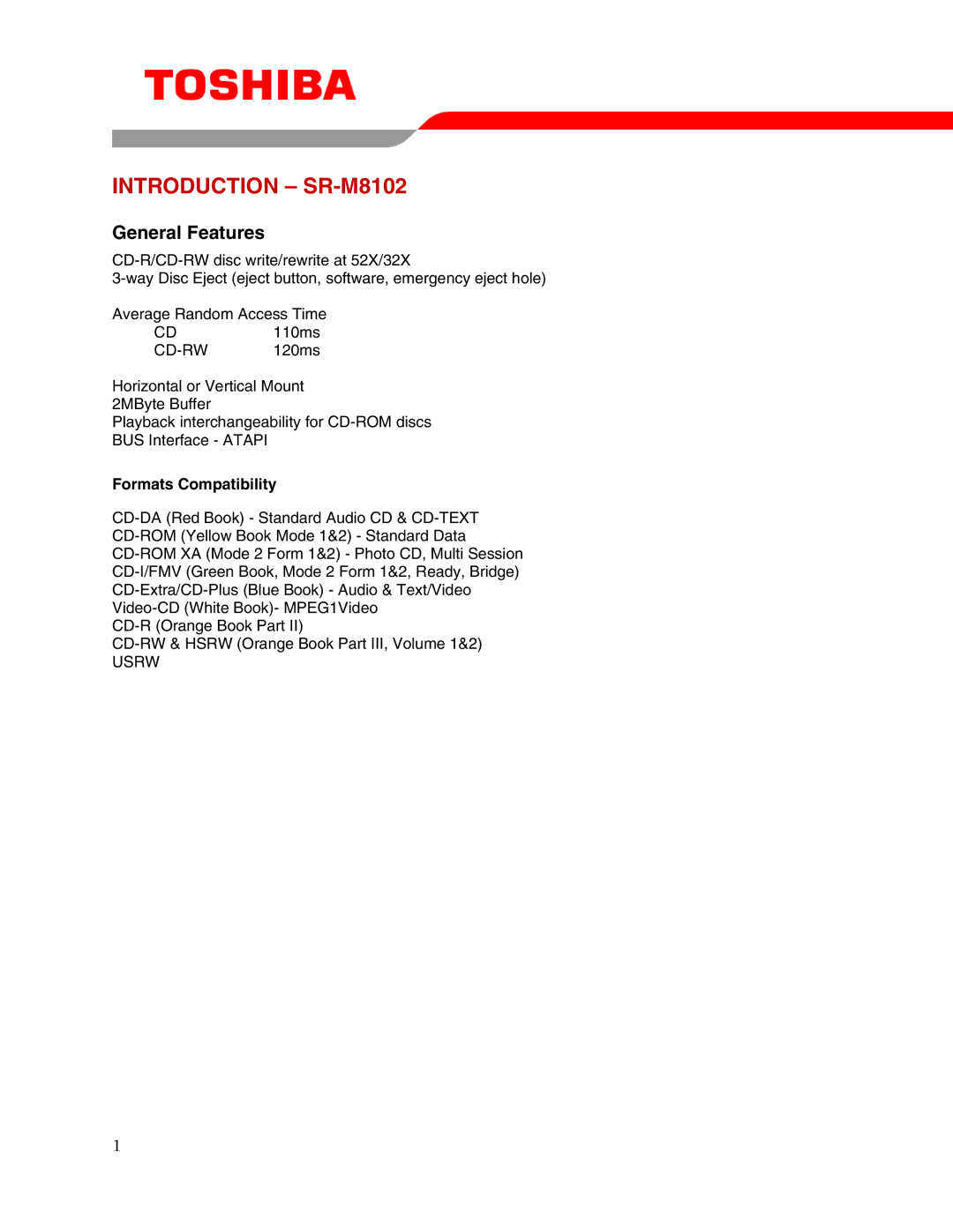 Toshiba user manual Introduction SR-M8102, Formats Compatibility 