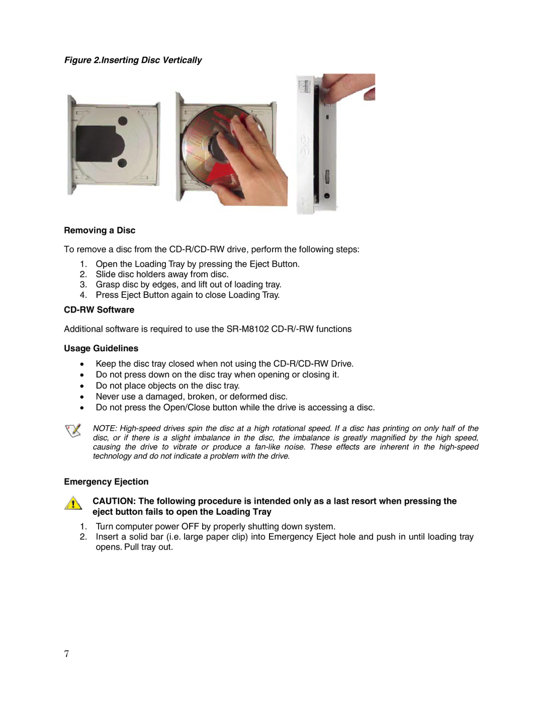 Toshiba SR-M8102 user manual Removing a Disc, CD-RW Software, Usage Guidelines, Emergency Ejection 