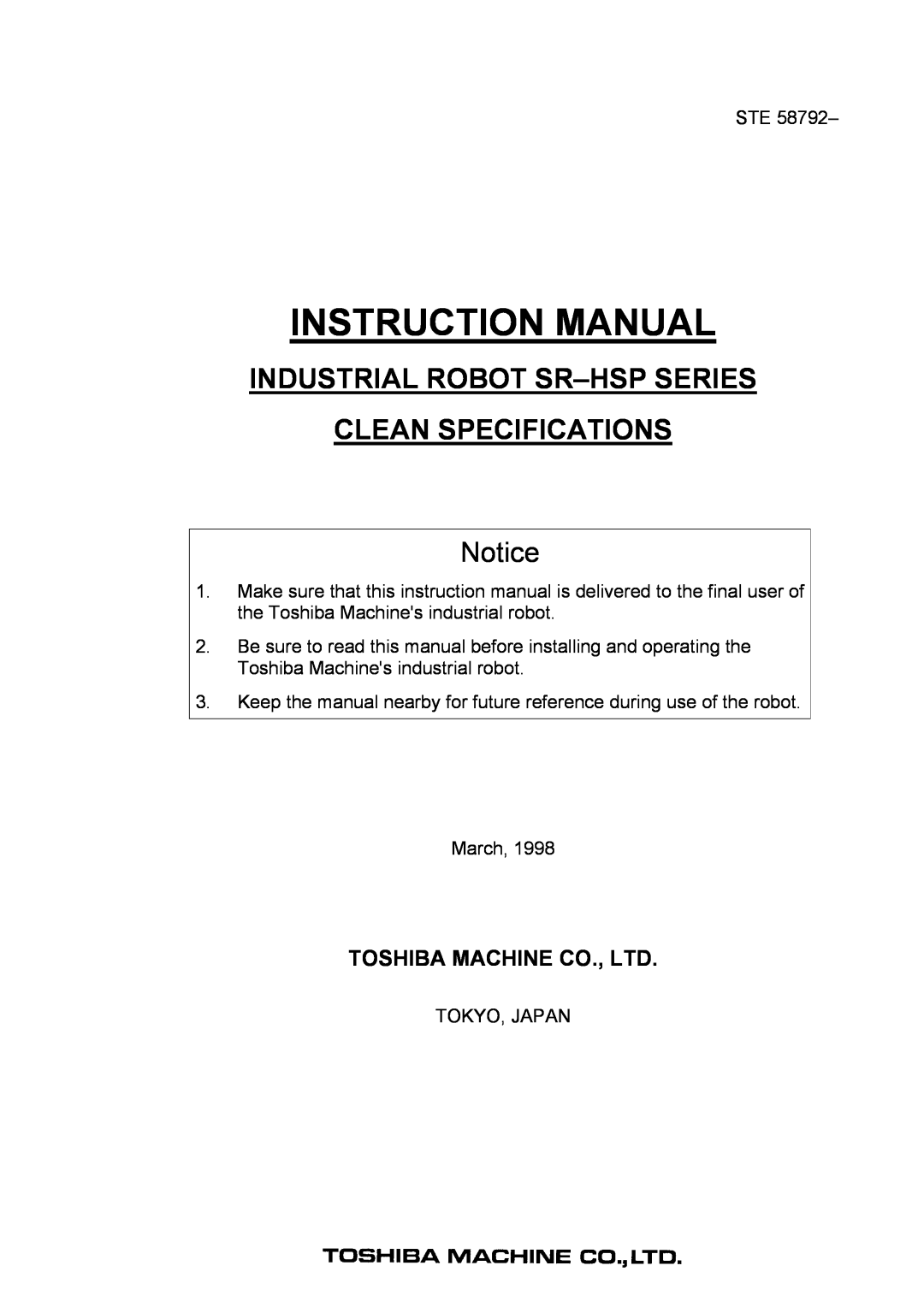 Toshiba SR1054HSPCR instruction manual Industrial Robot Sr-Hspseries, Clean Specifications 