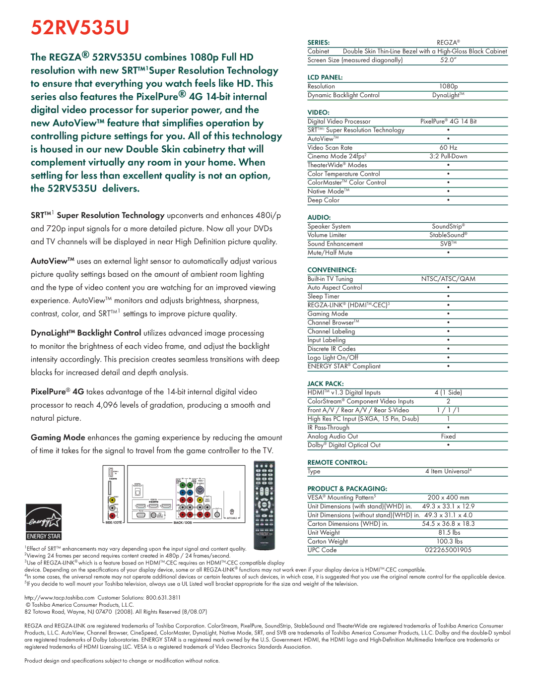 Toshiba SRTTM1, 52RV535U manual Series, Video, Audio, Convenience, Jack Pack, Remote Control, Product & Packaging 