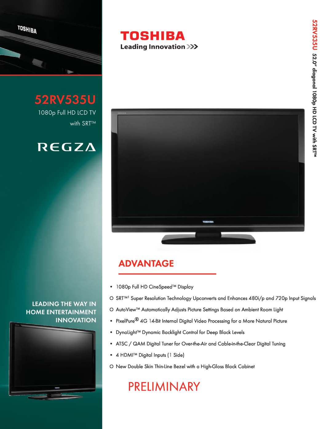 Toshiba 52RV535U, SRTTM1 manual Preliminary, Advantage, 1080p Full HD LCD TV with SRT 