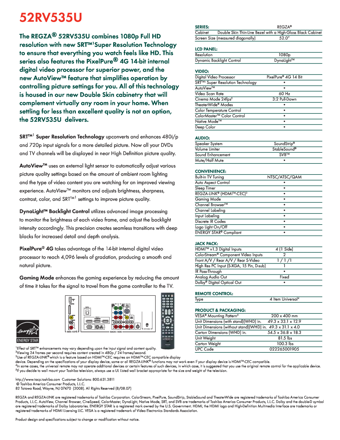 Toshiba SRTTM1 manual 52RV535U, Series, Video, Audio, Convenience, Jack Pack, Remote Control, Product & Packaging 