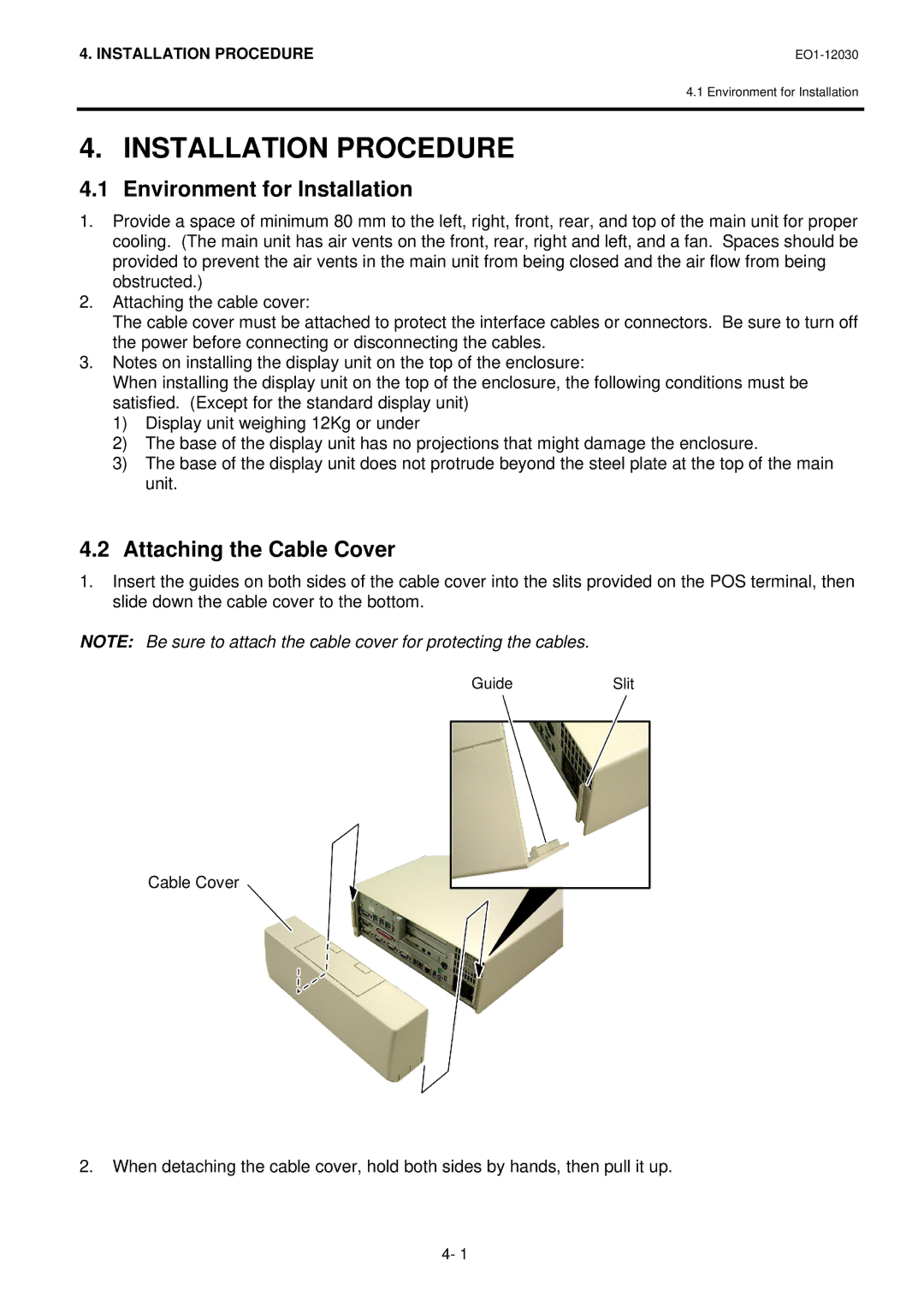 Toshiba ST-7000-C Series owner manual Installation Procedure, Environment for Installation, Attaching the Cable Cover 