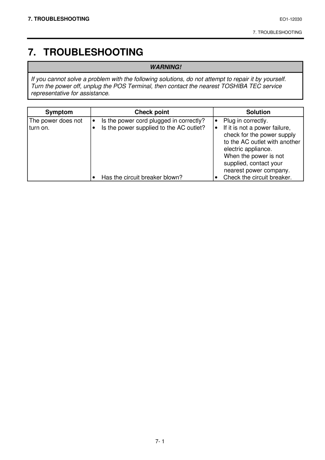 Toshiba ST-7000-C Series owner manual Troubleshooting, Symptom Check point Solution 