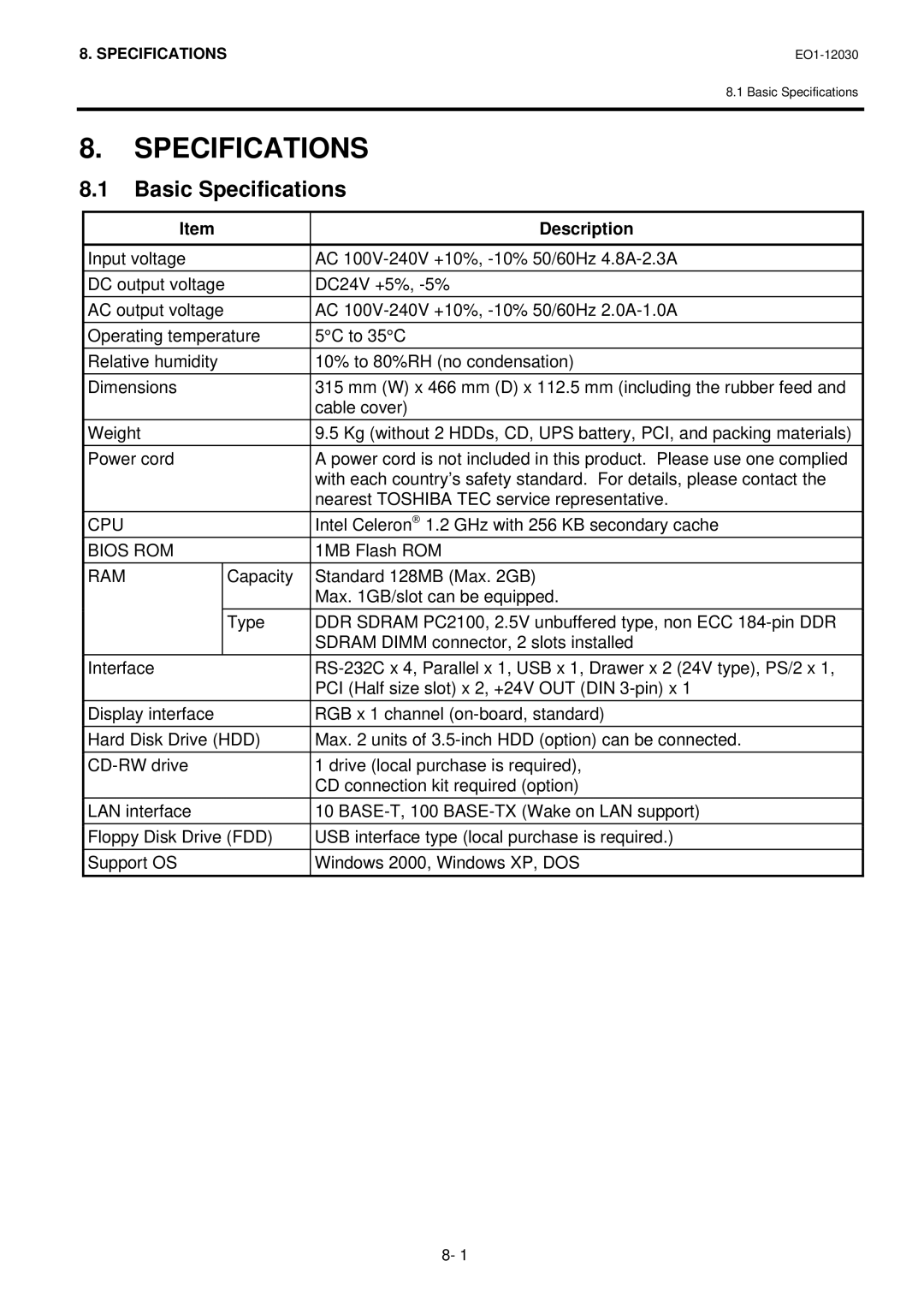 Toshiba ST-7000-C Series owner manual Basic Specifications, Description 