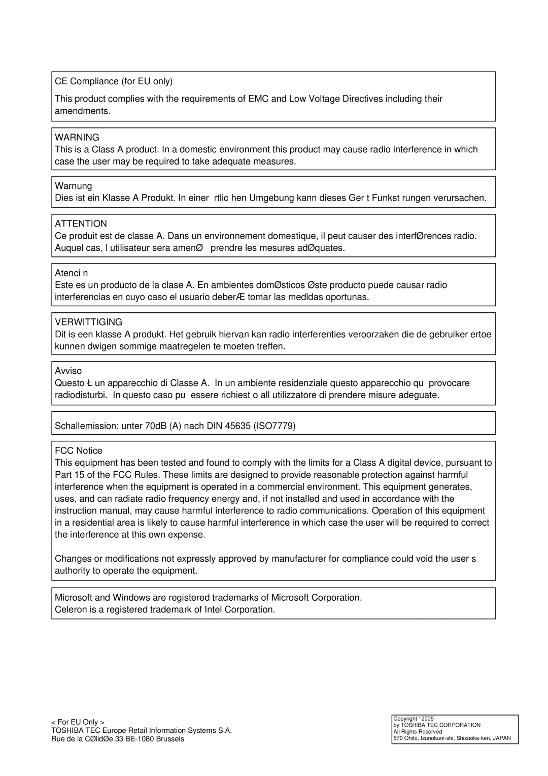 Toshiba ST-7000-C Series owner manual CE Compliance for EU only 