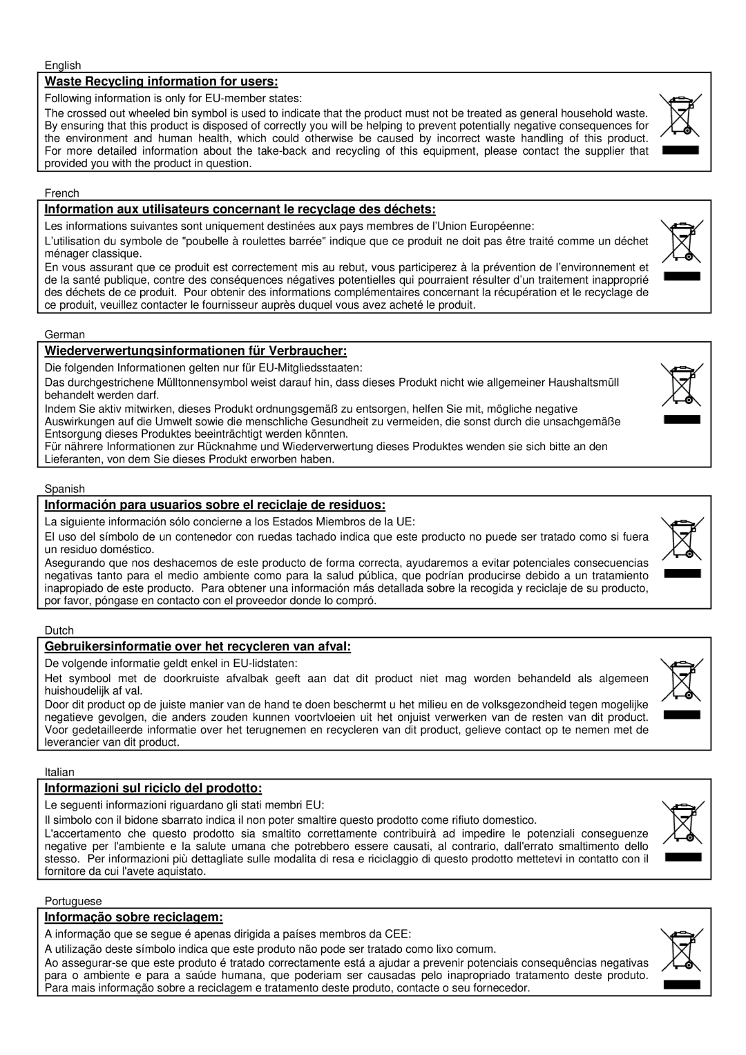 Toshiba ST-7000-C Series owner manual Waste Recycling information for users 