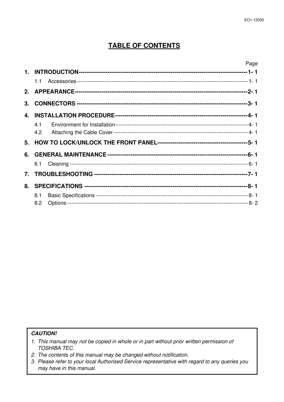 Toshiba ST-7000-C Series owner manual Table of Contents 