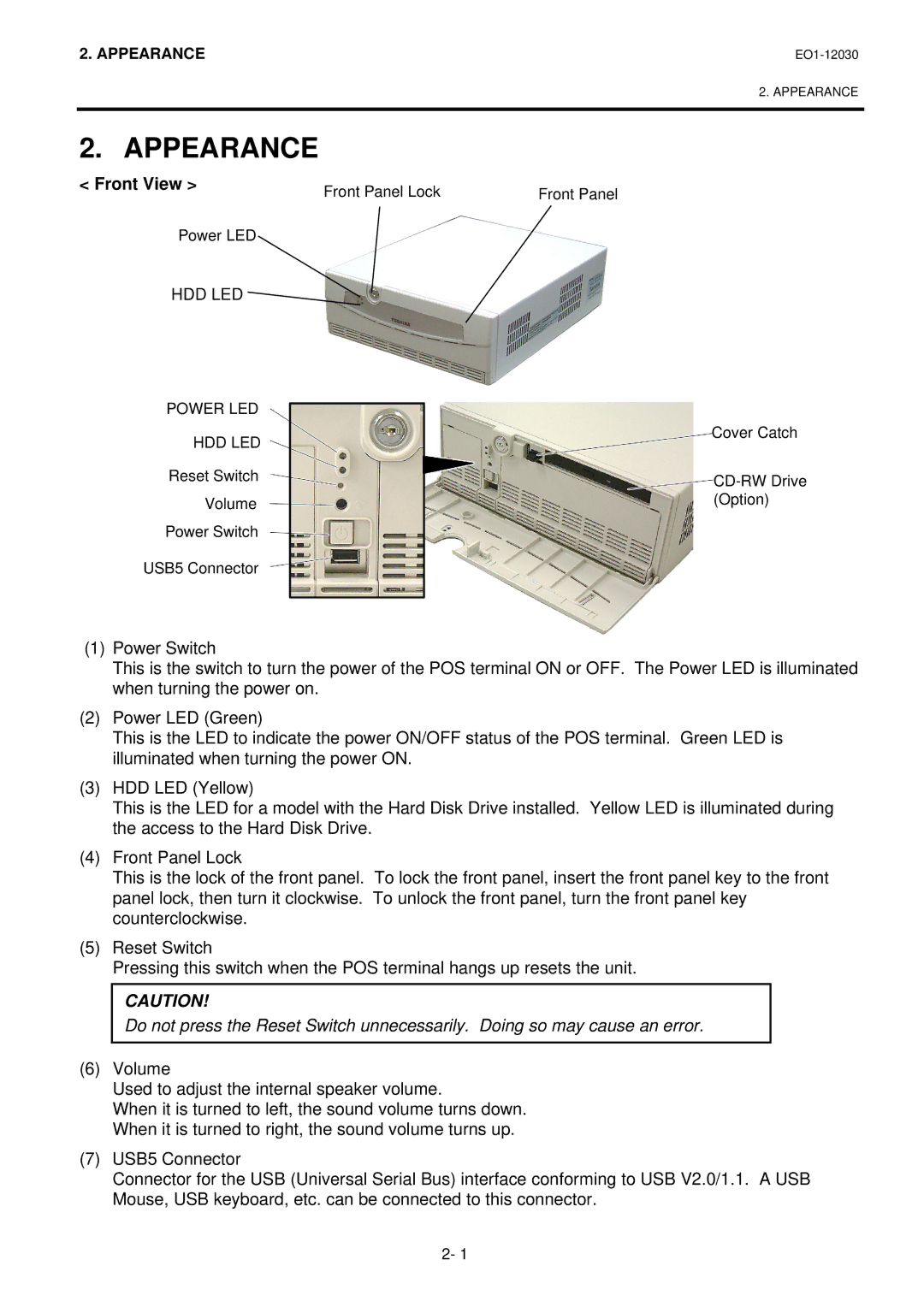 Toshiba ST-7000-C Series owner manual Appearance, Front View 