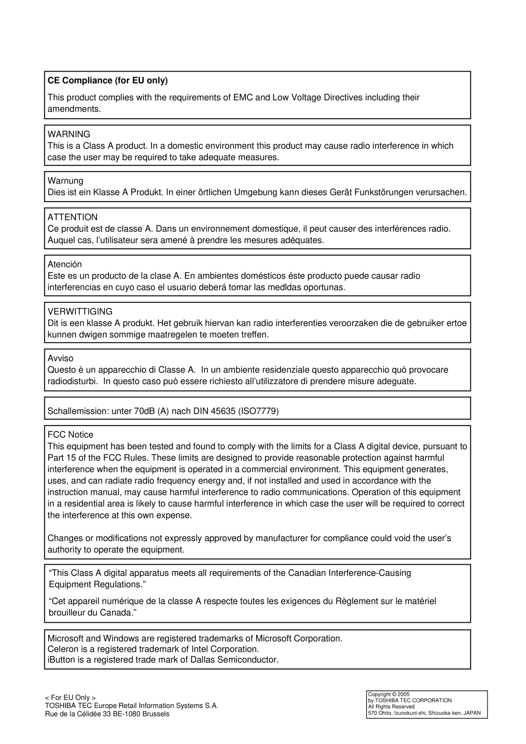 Toshiba ST-71 owner manual CE Compliance for EU only 